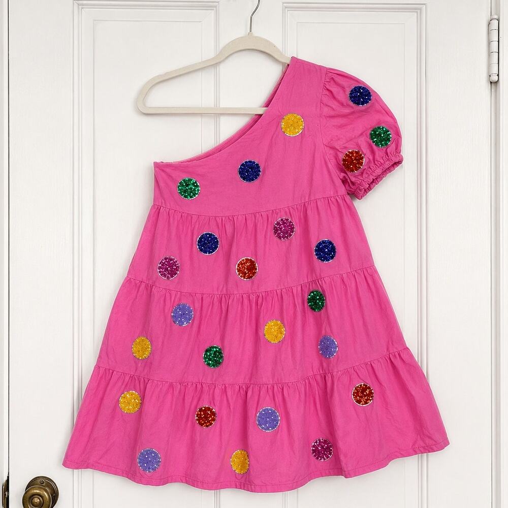 Fantastic Fawn Pink One Shoulder Sequin Polka Dot Tiered Dress Size L